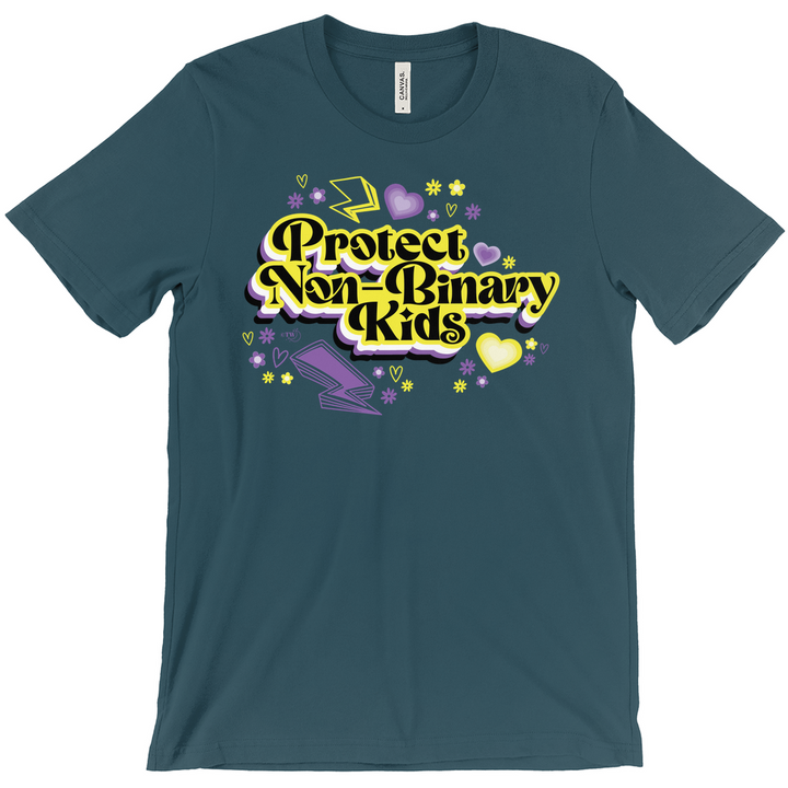 Based in Chicago by queer artist & designer Kayla Pekkala - Tiny Werewolves | Retro Protect Non-Binary Kids Tee in Deep Teal | Shop to get your Tee with collections featuring retro-inspired designs infused with social commentary art, highlighting modern social & current events.