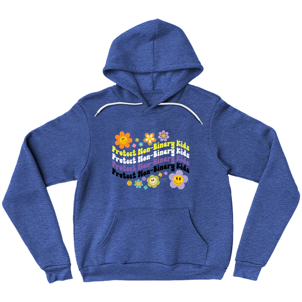 Based in Chicago by queer artist & designer Kayla Pekkala - Tiny Werewolves | Retro Flowers Protect Non-Binary Kids Pullover Hoodie in Heather True Royal | Shop to get your Pullover Hoodie with collections featuring retro-inspired designs infused with social commentary art, highlighting modern social & current events.