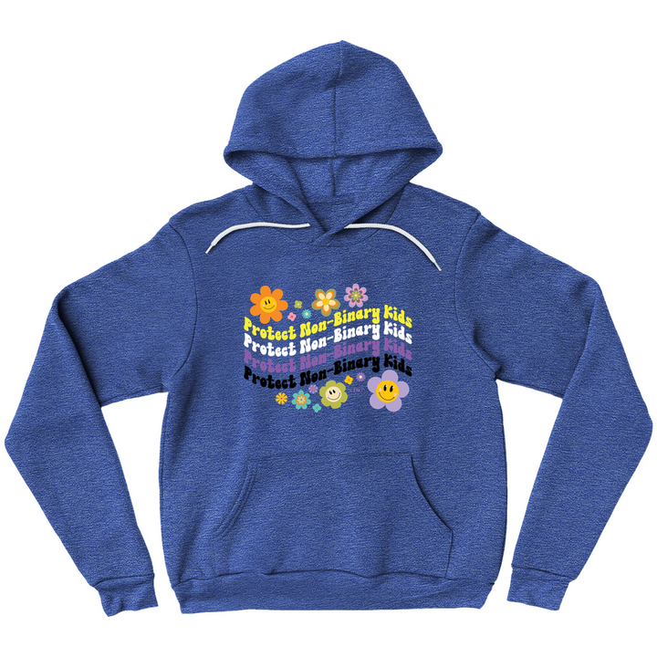 Based in Chicago by queer artist & designer Kayla Pekkala - Tiny Werewolves | Retro Flowers Protect Non-Binary Kids Pullover Hoodie in Heather True Royal | Shop to get your Pullover Hoodie with collections featuring retro-inspired designs infused with social commentary art, highlighting modern social & current events.