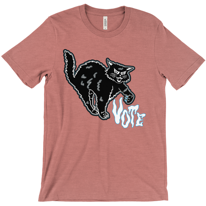 Based in Chicago by queer artist & designer Kayla Pekkala - Tiny Werewolves | Retro Spooky Cat Vote Tee in Heather Mauve | Shop to get your Tee with collections featuring retro-inspired designs infused with social commentary art, highlighting modern social & current events.