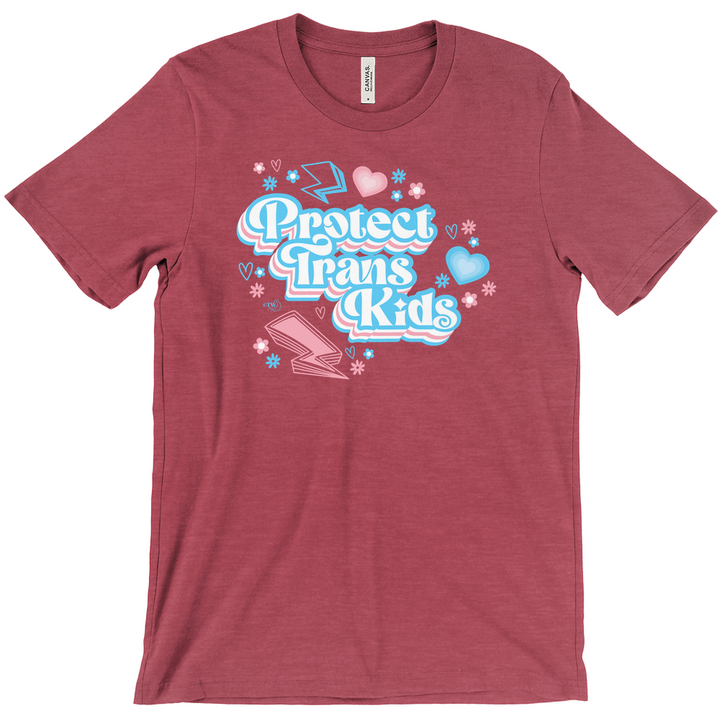 Based in Chicago by queer artist & designer Kayla Pekkala - Tiny Werewolves | Retro Protect Trans Kids Tee in Heather Raspberry | Shop to get your Tee with collections featuring retro-inspired designs infused with social commentary art, highlighting modern social & current events.