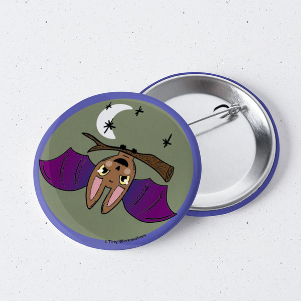 Based in Chicago by queer artist & designer Kayla Pekkala - Tiny Werewolves | Bat Spooky 1" Mini Button Pin in | Shop to get your Metal Pinback Button with collections featuring retro-inspired designs infused with social commentary art, highlighting modern social & current events.