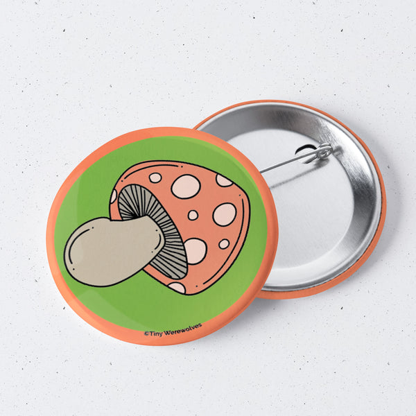 Based in Chicago by queer artist & designer Kayla Pekkala - Tiny Werewolves | Mushroom 1" Mini Button Pin in | Shop to get your Metal Pinback Button with collections featuring retro-inspired designs infused with social commentary art, highlighting modern social & current events.