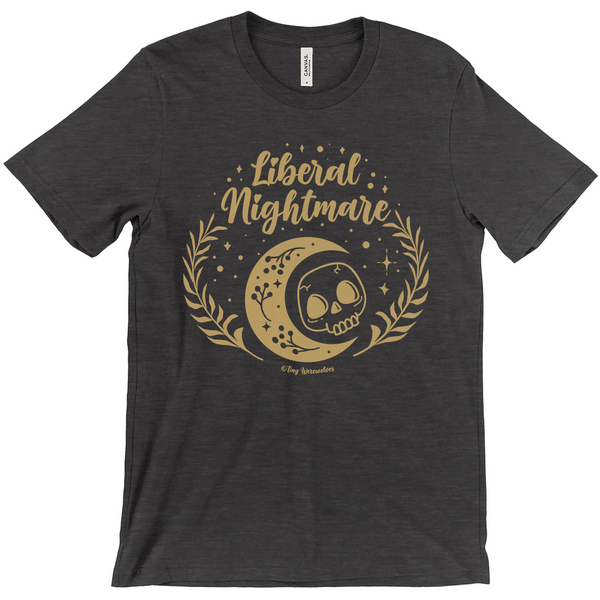 Based in Chicago by queer artist & designer Kayla Pekkala - Tiny Werewolves | Liberal Nightmare Tee in Dark Heather Grey | Shop to get your Tee with collections featuring retro-inspired designs infused with social commentary art, highlighting modern social & current events.