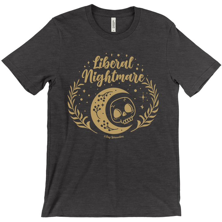 Based in Chicago by queer artist & designer Kayla Pekkala - Tiny Werewolves | Liberal Nightmare Tee in Dark Heather Grey | Shop to get your Tee with collections featuring retro-inspired designs infused with social commentary art, highlighting modern social & current events.