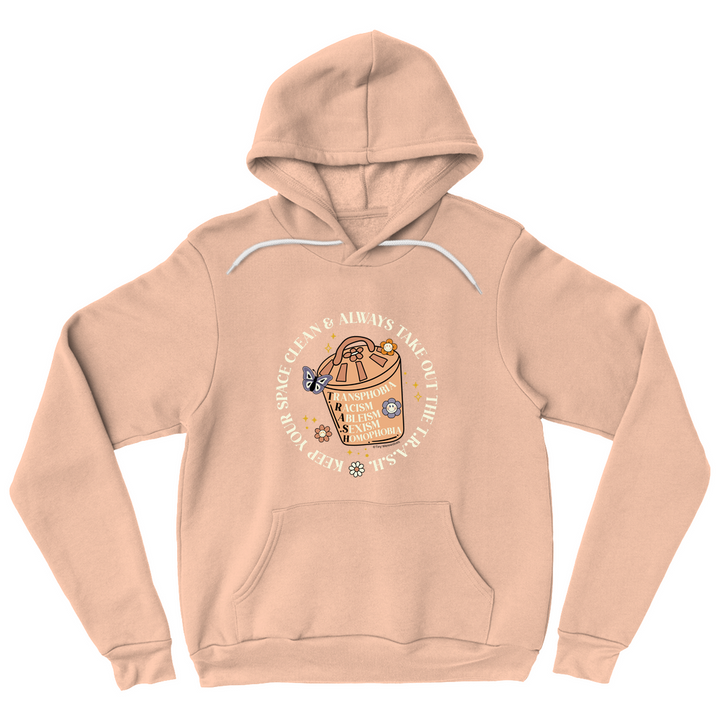 Based in Chicago by queer artist & designer Kayla Pekkala - Tiny Werewolves | Take Out The T.R.A.S.H. Pullover Hoodie in Peach | Shop to get your Pullover Hoodie with collections featuring retro-inspired designs infused with social commentary art, highlighting modern social & current events.