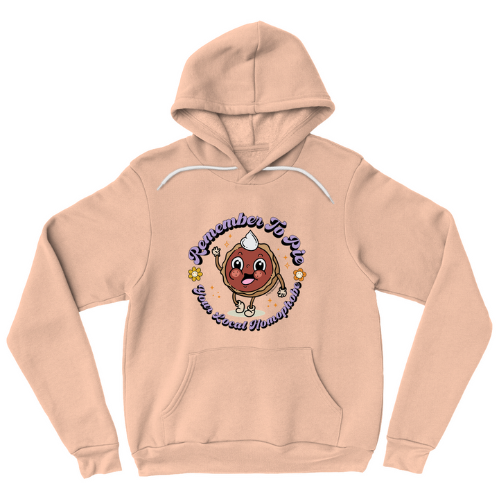 Based in Chicago by queer artist & designer Kayla Pekkala - Tiny Werewolves | Pie Your Local Homophobe Pullover Hoodie in Peach | Shop to get your Pullover Hoodie with collections featuring retro-inspired designs infused with social commentary art, highlighting modern social & current events.