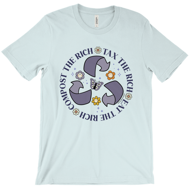 Based in Chicago by queer artist & designer Kayla Pekkala - Tiny Werewolves | Tax | Eat | Compost The Rich Tee in Heather Ice Blue | Shop to get your Tee with collections featuring retro-inspired designs infused with social commentary art, highlighting modern social & current events.