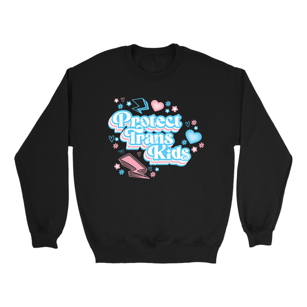 Based in Chicago by queer artist & designer Kayla Pekkala - Tiny Werewolves | Retro Protect Trans Kids Crew Sweatshirt in Black | Shop to get your Crew with collections featuring retro-inspired designs infused with social commentary art, highlighting modern social & current events.