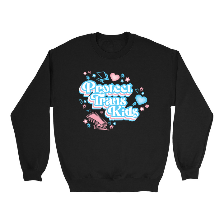 Based in Chicago by queer artist & designer Kayla Pekkala - Tiny Werewolves | Retro Protect Trans Kids Crew Sweatshirt in Black | Shop to get your Crew with collections featuring retro-inspired designs infused with social commentary art, highlighting modern social & current events.
