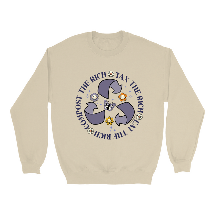 Based in Chicago by queer artist & designer Kayla Pekkala - Tiny Werewolves | Tax | Eat | Compost the Rich Crew Sweatshirt in Sand | Shop to get your Crew with collections featuring retro-inspired designs infused with social commentary art, highlighting modern social & current events.