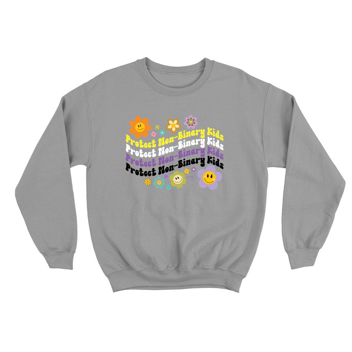 Based in Chicago by queer artist & designer Kayla Pekkala - Tiny Werewolves | Retro Flowers Protect Non-Binary Kids Crew Sweatshirt in | Shop to get your Crew with collections featuring retro-inspired designs infused with social commentary art, highlighting modern social & current events.