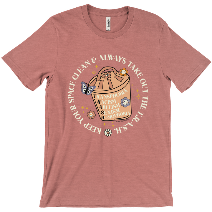 Based in Chicago by queer artist & designer Kayla Pekkala - Tiny Werewolves | Take Out The T.R.A.S.H. Tee in Heather Mauve | Shop to get your Tee with collections featuring retro-inspired designs infused with social commentary art, highlighting modern social & current events.