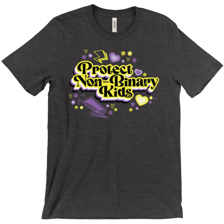 Based in Chicago by queer artist & designer Kayla Pekkala - Tiny Werewolves | Retro Protect Non-Binary Kids Tee in Dark Heather Grey | Shop to get your Tee with collections featuring retro-inspired designs infused with social commentary art, highlighting modern social & current events.