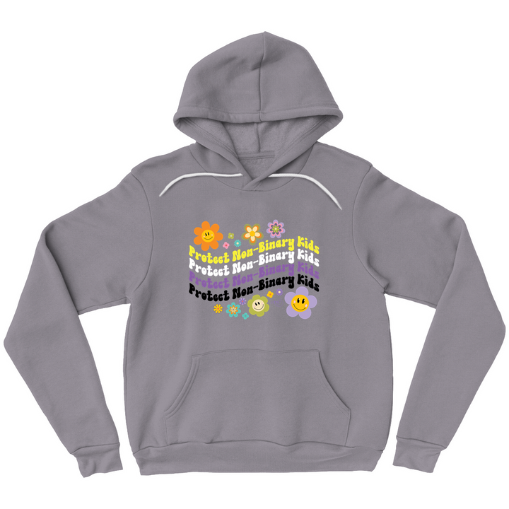 Based in Chicago by queer artist & designer Kayla Pekkala - Tiny Werewolves | Retro Flowers Protect Non-Binary Kids Pullover Hoodie in Storm | Shop to get your Pullover Hoodie with collections featuring retro-inspired designs infused with social commentary art, highlighting modern social & current events.
