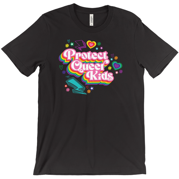 Based in Chicago by queer artist & designer Kayla Pekkala - Tiny Werewolves | Retro Protect Queer Kids Tee in Black | Shop to get your Tee with collections featuring retro-inspired designs infused with social commentary art, highlighting modern social & current events.