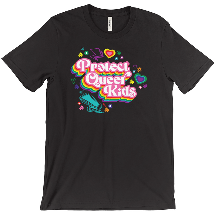 Based in Chicago by queer artist & designer Kayla Pekkala - Tiny Werewolves | Retro Protect Queer Kids Tee in Black | Shop to get your Tee with collections featuring retro-inspired designs infused with social commentary art, highlighting modern social & current events.