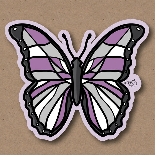 Based in Chicago by queer artist & designer Kayla Pekkala - Tiny Werewolves | Asexual Pastel Butterfly Sticker in | Shop to get your Sticker with collections featuring retro-inspired designs infused with social commentary art, highlighting modern social & current events.