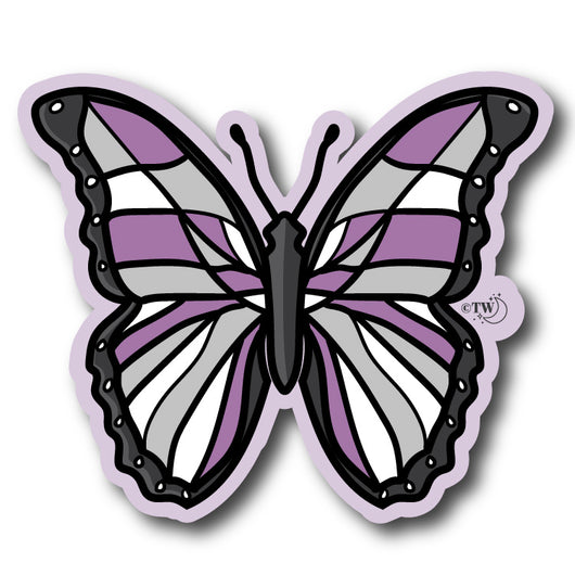 Based in Chicago by queer artist & designer Kayla Pekkala - Tiny Werewolves | Asexual Pastel Butterfly Sticker in 5" Sticker | Shop to get your Sticker with collections featuring retro-inspired designs infused with social commentary art, highlighting modern social & current events.