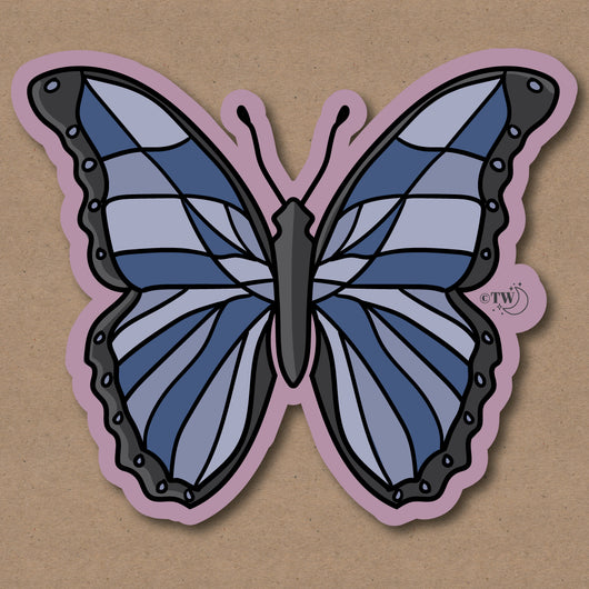 Based in Chicago by queer artist & designer Kayla Pekkala - Tiny Werewolves | Blue Butterfly Sticker in 5" Sticker | Shop to get your Sticker with collections featuring retro-inspired designs infused with social commentary art, highlighting modern social & current events.