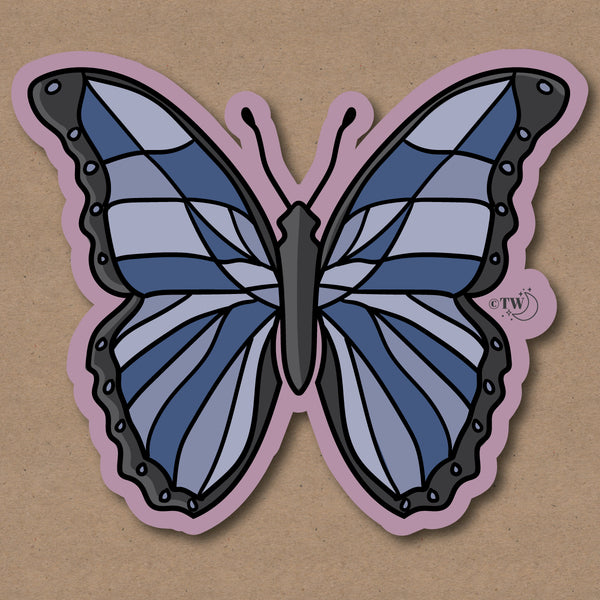 Based in Chicago by queer artist & designer Kayla Pekkala - Tiny Werewolves | Blue Butterfly Sticker in 5" Sticker | Shop to get your Sticker with collections featuring retro-inspired designs infused with social commentary art, highlighting modern social & current events.