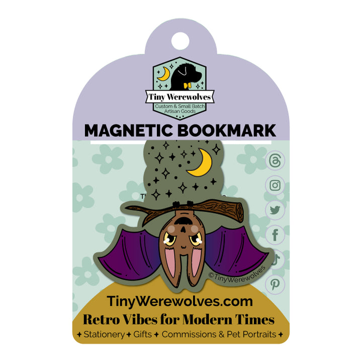 Based in Chicago by queer artist & designer Kayla Pekkala - Tiny Werewolves | Bat Spooky Laminated Magnetic Bookmark in | Shop to get your Magnetic Bookmark with collections featuring retro-inspired designs infused with social commentary art, highlighting modern social & current events.