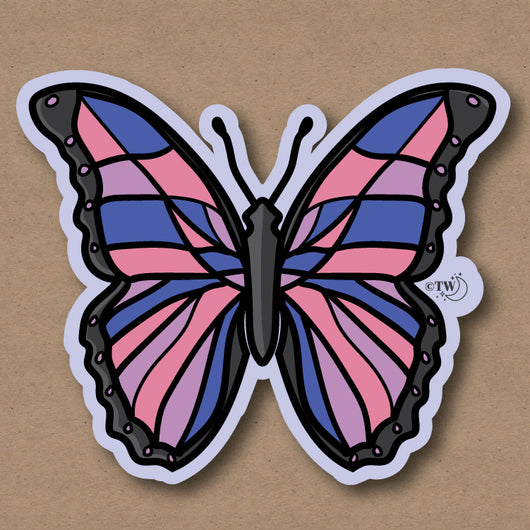Based in Chicago by queer artist & designer Kayla Pekkala - Tiny Werewolves | Bisexual Pastel Butterfly Sticker in | Shop to get your Sticker with collections featuring retro-inspired designs infused with social commentary art, highlighting modern social & current events.