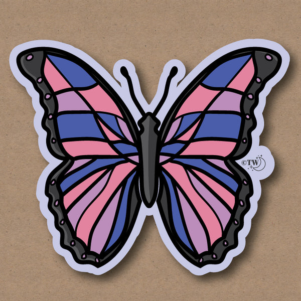 Based in Chicago by queer artist & designer Kayla Pekkala - Tiny Werewolves | Bisexual Pastel Butterfly Sticker in | Shop to get your Sticker with collections featuring retro-inspired designs infused with social commentary art, highlighting modern social & current events.