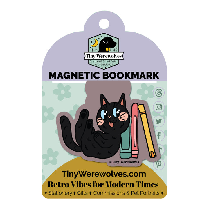 Based in Chicago by queer artist & designer Kayla Pekkala - Tiny Werewolves | Black Book Cat Laminated Magnetic Bookmark in | Shop to get your Magnetic Bookmark with collections featuring retro-inspired designs infused with social commentary art, highlighting modern social & current events.