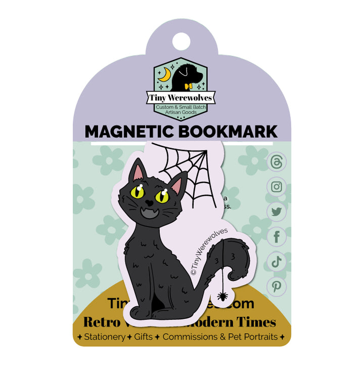 Based in Chicago by queer artist & designer Kayla Pekkala - Tiny Werewolves | Black Cat Spooky Laminated Magnetic Bookmark in | Shop to get your Magnetic Bookmark with collections featuring retro-inspired designs infused with social commentary art, highlighting modern social & current events.