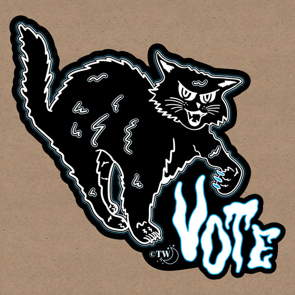 Based in Chicago by queer artist & designer Kayla Pekkala - Tiny Werewolves | Retro Spooky Cat Vote Sticker in 5" Sticker | Shop to get your Sticker with collections featuring retro-inspired designs infused with social commentary art, highlighting modern social & current events.