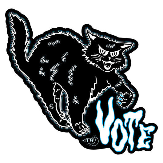 Based in Chicago by queer artist & designer Kayla Pekkala - Tiny Werewolves | Retro Spooky Cat Vote Sticker in | Shop to get your Sticker with collections featuring retro-inspired designs infused with social commentary art, highlighting modern social & current events.