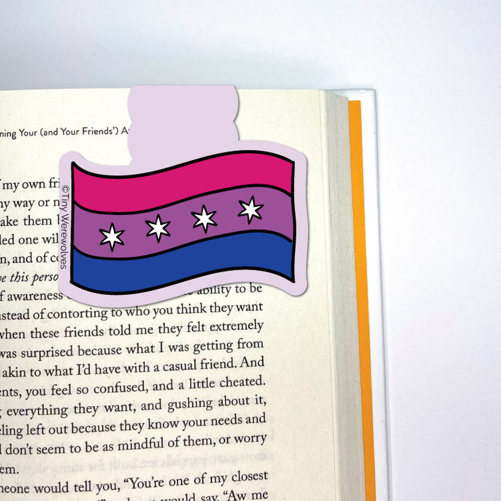 Based in Chicago by queer artist & designer Kayla Pekkala - Tiny Werewolves | Chicago Bisexual Flag Laminated Magnetic Bookmark in | Shop to get your Magnetic Bookmark with collections featuring retro-inspired designs infused with social commentary art, highlighting modern social & current events.