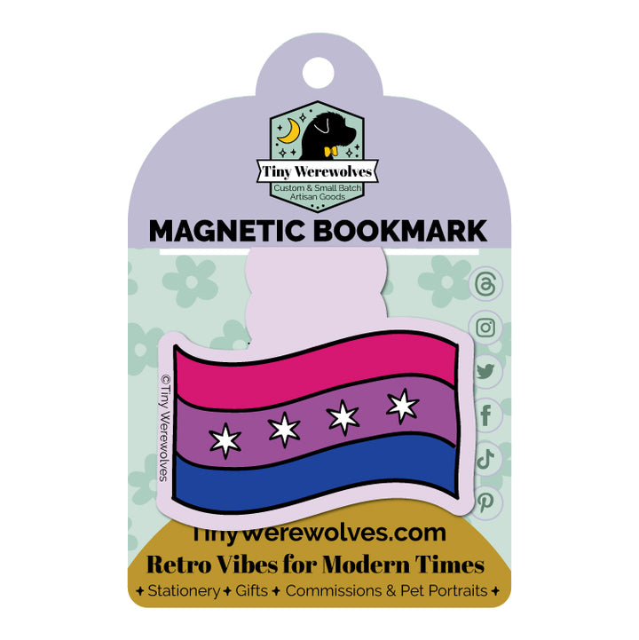 Based in Chicago by queer artist & designer Kayla Pekkala - Tiny Werewolves | Chicago Bisexual Flag Laminated Magnetic Bookmark in | Shop to get your Magnetic Bookmark with collections featuring retro-inspired designs infused with social commentary art, highlighting modern social & current events.