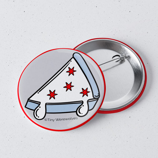 Based in Chicago by queer artist & designer Kayla Pekkala - Tiny Werewolves | Chicago Deep Dish Pizza Flag 1" Mini Button Pin in | Shop to get your Metal Pinback Button with collections featuring retro-inspired designs infused with social commentary art, highlighting modern social & current events.