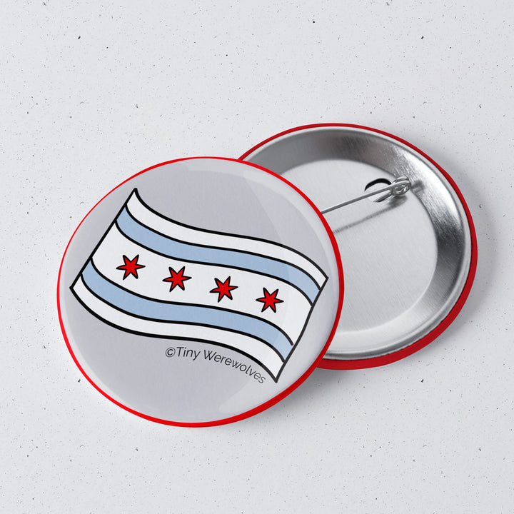 Based in Chicago by queer artist & designer Kayla Pekkala - Tiny Werewolves | Chicago Flag 1" Mini Button Pin in | Shop to get your Metal Pinback Button with collections featuring retro-inspired designs infused with social commentary art, highlighting modern social & current events.