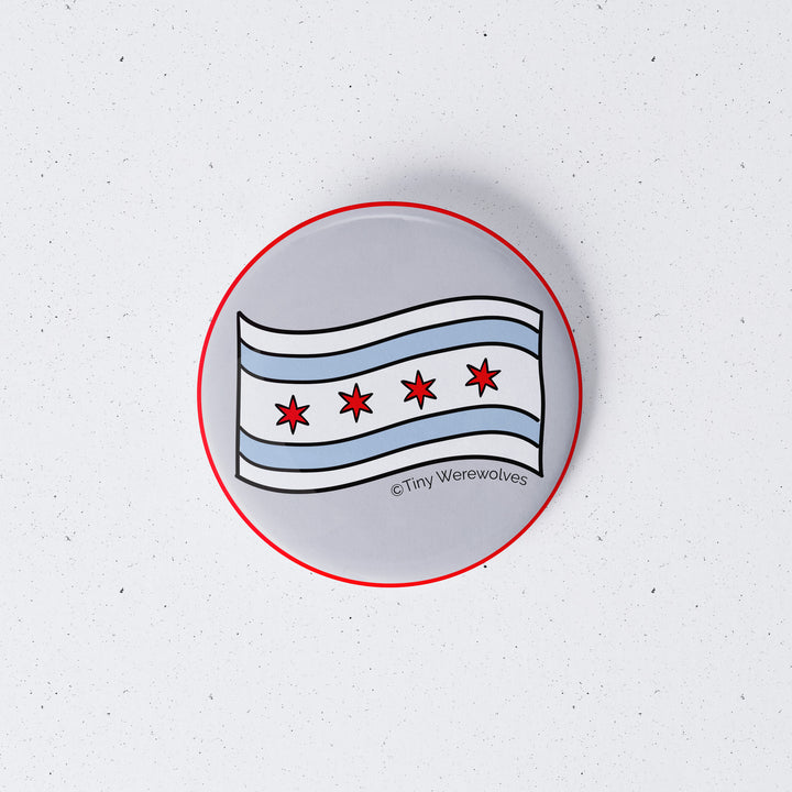 Based in Chicago by queer artist & designer Kayla Pekkala - Tiny Werewolves | Chicago Flag 1" Mini Button Pin in | Shop to get your Metal Pinback Button with collections featuring retro-inspired designs infused with social commentary art, highlighting modern social & current events.