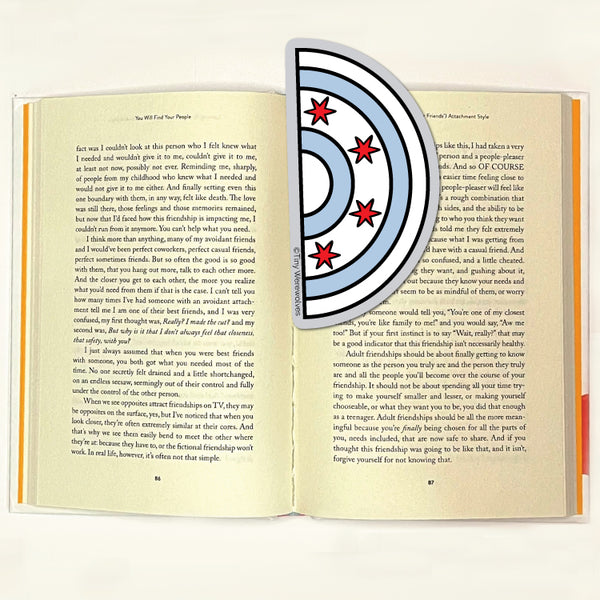 Based in Chicago by queer artist & designer Kayla Pekkala - Tiny Werewolves | Chicago Flag Arched Rainbow Laminated Printed Bookmark in | Shop to get your Laminated Bookmark with collections featuring retro-inspired designs infused with social commentary art, highlighting modern social & current events.