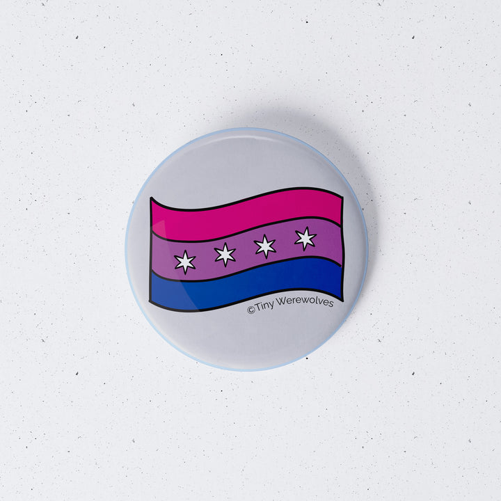 Based in Chicago by queer artist & designer Kayla Pekkala - Tiny Werewolves | Chicago Bisexual Pride Flag 1" Mini Button Pin in | Shop to get your Metal Pinback Button with collections featuring retro-inspired designs infused with social commentary art, highlighting modern social & current events.