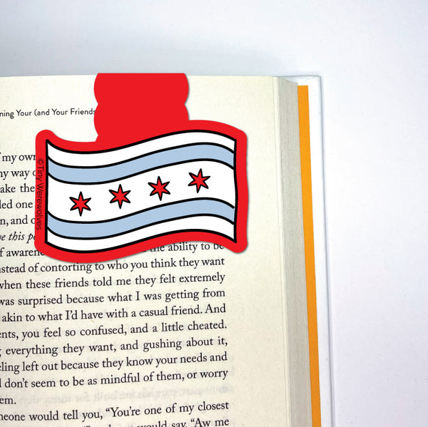 Based in Chicago by queer artist & designer Kayla Pekkala - Tiny Werewolves | Chicago Flag Laminated Magnetic Bookmark in | Shop to get your Magnetic Bookmark with collections featuring retro-inspired designs infused with social commentary art, highlighting modern social & current events.