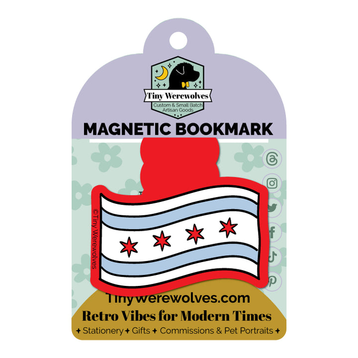 Based in Chicago by queer artist & designer Kayla Pekkala - Tiny Werewolves | Chicago Flag Laminated Magnetic Bookmark in | Shop to get your Magnetic Bookmark with collections featuring retro-inspired designs infused with social commentary art, highlighting modern social & current events.