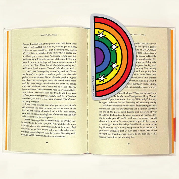 Based in Chicago by queer artist & designer Kayla Pekkala - Tiny Werewolves | Chicago Pride Flag Arched Rainbow Laminated Printed Bookmark in | Shop to get your Laminated Bookmark with collections featuring retro-inspired designs infused with social commentary art, highlighting modern social & current events.