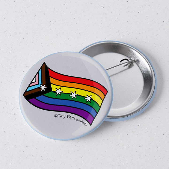 Based in Chicago by queer artist & designer Kayla Pekkala - Tiny Werewolves | Chicago Progressive Rainbow Pride 1" Mini Button Pin in | Shop to get your Metal Pinback Button with collections featuring retro-inspired designs infused with social commentary art, highlighting modern social & current events.