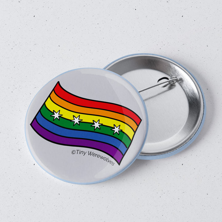 Based in Chicago by queer artist & designer Kayla Pekkala - Tiny Werewolves | Chicago Rainbow Pride Flag 1" Mini Button Pin in | Shop to get your Metal Pinback Button with collections featuring retro-inspired designs infused with social commentary art, highlighting modern social & current events.