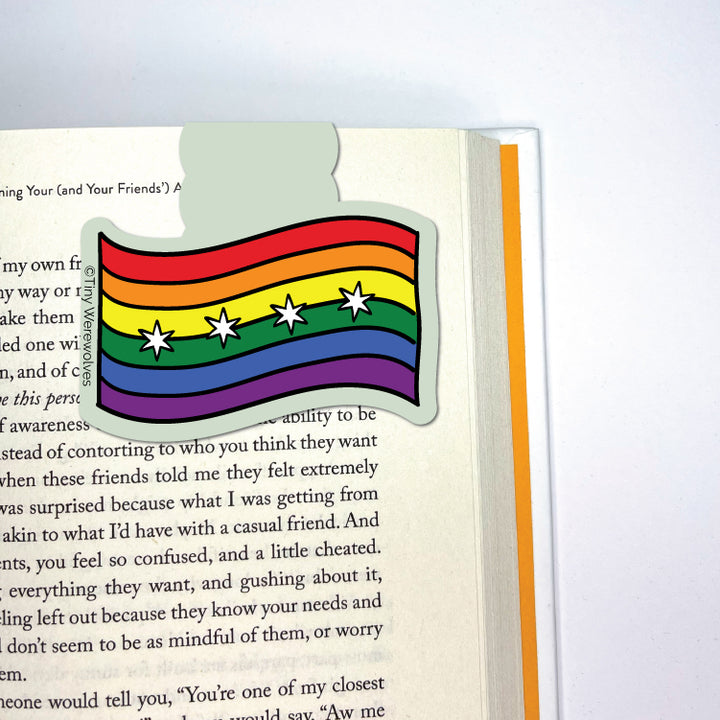 Based in Chicago by queer artist & designer Kayla Pekkala - Tiny Werewolves | Chicago Rainbow Pride Flag Laminated Magnetic Bookmark in | Shop to get your Magnetic Bookmark with collections featuring retro-inspired designs infused with social commentary art, highlighting modern social & current events.