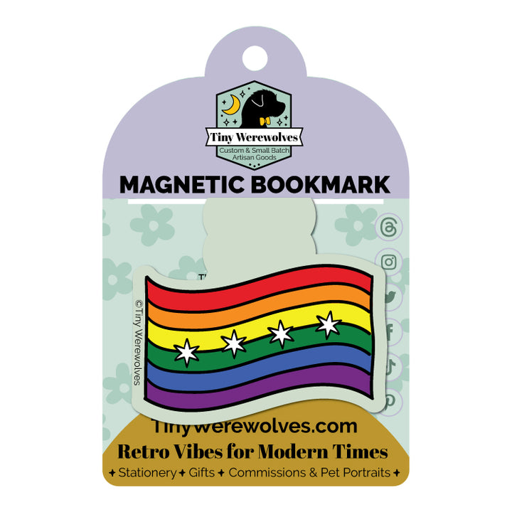 Based in Chicago by queer artist & designer Kayla Pekkala - Tiny Werewolves | Chicago Rainbow Pride Flag Laminated Magnetic Bookmark in | Shop to get your Magnetic Bookmark with collections featuring retro-inspired designs infused with social commentary art, highlighting modern social & current events.