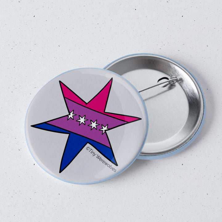 Based in Chicago by queer artist & designer Kayla Pekkala - Tiny Werewolves | Chicago Star Bisexual Pride Flag 1" Mini Button Pin in | Shop to get your Metal Pinback Button with collections featuring retro-inspired designs infused with social commentary art, highlighting modern social & current events.