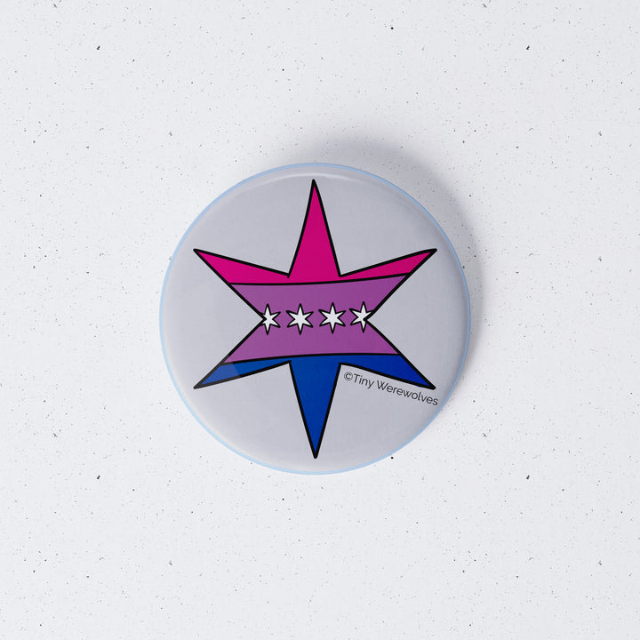 Based in Chicago by queer artist & designer Kayla Pekkala - Tiny Werewolves | Chicago Star Bisexual Pride Flag 1" Mini Button Pin in | Shop to get your Metal Pinback Button with collections featuring retro-inspired designs infused with social commentary art, highlighting modern social & current events.