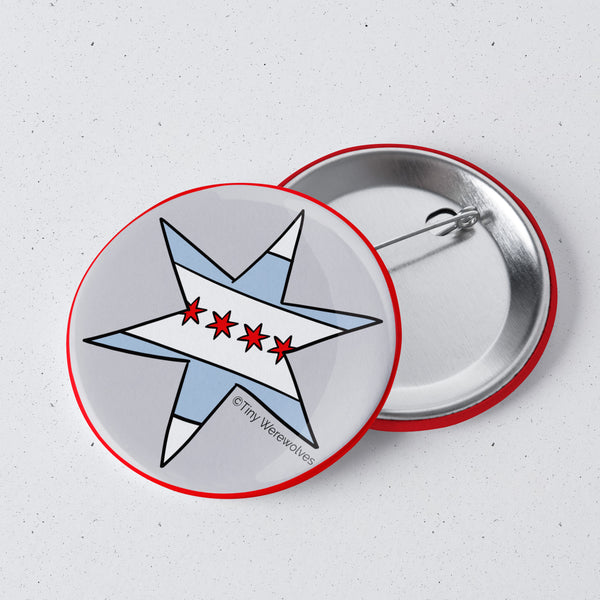 Based in Chicago by queer artist & designer Kayla Pekkala - Tiny Werewolves | Chicago Star Flag 1" Mini Button Pin in | Shop to get your Metal Pinback Button with collections featuring retro-inspired designs infused with social commentary art, highlighting modern social & current events.