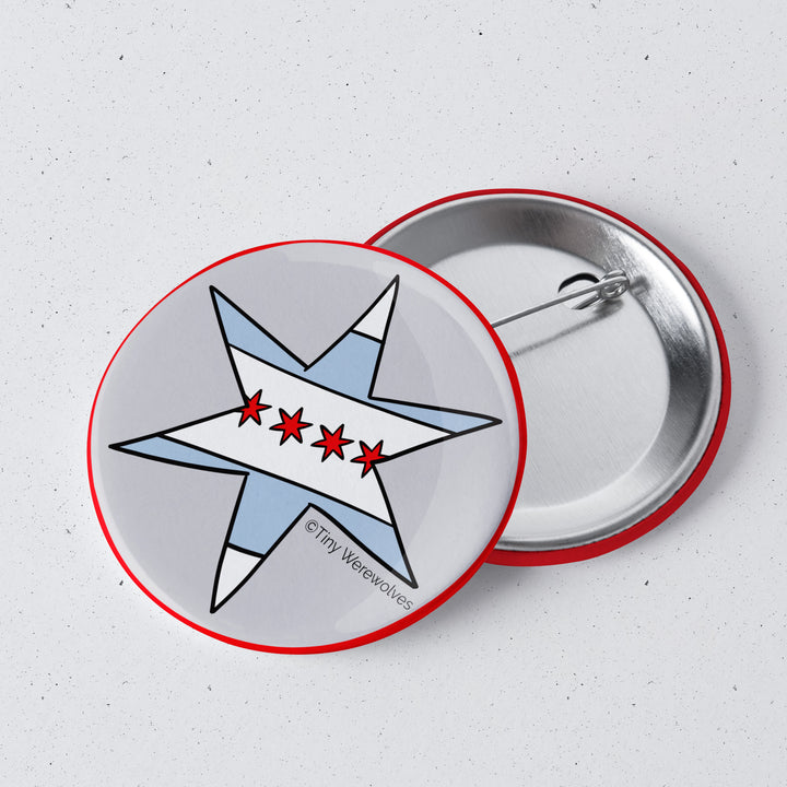 Based in Chicago by queer artist & designer Kayla Pekkala - Tiny Werewolves | Chicago Star Flag 1" Mini Button Pin in | Shop to get your Metal Pinback Button with collections featuring retro-inspired designs infused with social commentary art, highlighting modern social & current events.
